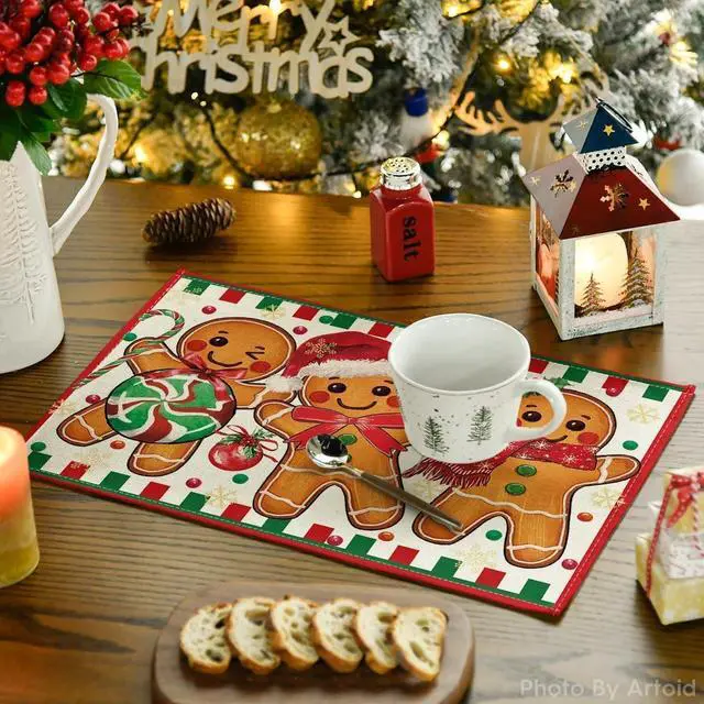 Alt view image 3 of 6 - Artoid Mode Gingerbread Candy Cane Christmas Placemats Set of 4, 12x18 Inch Seasonal Table Mats for Party Kitchen Dining Decoration