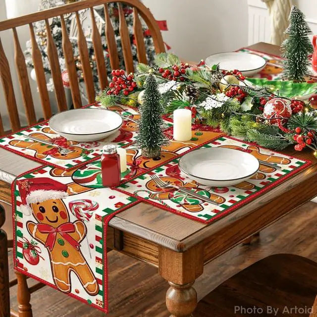 Alt view image 5 of 6 - Artoid Mode Gingerbread Candy Cane Christmas Placemats Set of 4, 12x18 Inch Seasonal Table Mats for Party Kitchen Dining Decoration