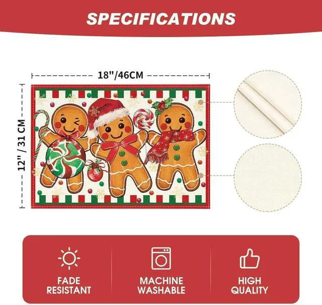 Alt view image 6 of 6 - Artoid Mode Gingerbread Candy Cane Christmas Placemats Set of 4, 12x18 Inch Seasonal Table Mats for Party Kitchen Dining Decoration