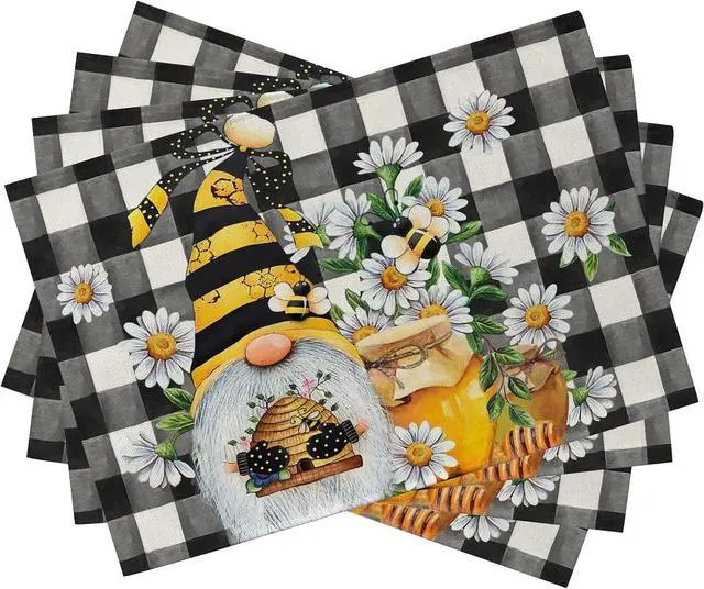 Main image of Seliem Spring Bee Gnome Daisy Placemats Set of 4 | Honey Black White Buffalo Check Plaid Dining Table Place Mats, Summer Seasonal Farmhouse Kitchen Decor Home Decoration