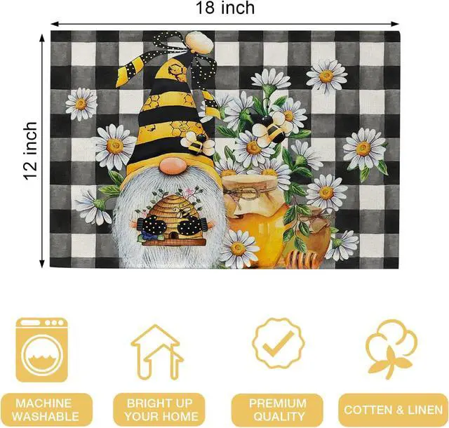 Alt view image 2 of 7 - Seliem Spring Bee Gnome Daisy Placemats Set of 4 | Honey Black White Buffalo Check Plaid Dining Table Place Mats, Summer Seasonal Farmhouse Kitchen Decor Home Decoration