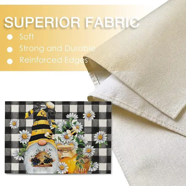 Alt view image 3 of 7 - Seliem Spring Bee Gnome Daisy Placemats Set of 4 | Honey Black White Buffalo Check Plaid Dining Table Place Mats, Summer Seasonal Farmhouse Kitchen Decor Home Decoration