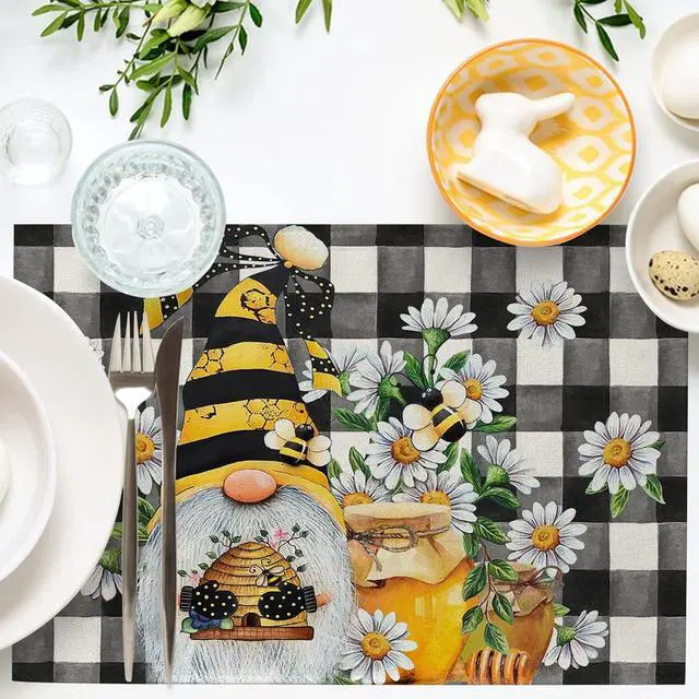 Alt view image 4 of 7 - Seliem Spring Bee Gnome Daisy Placemats Set of 4 | Honey Black White Buffalo Check Plaid Dining Table Place Mats, Summer Seasonal Farmhouse Kitchen Decor Home Decoration