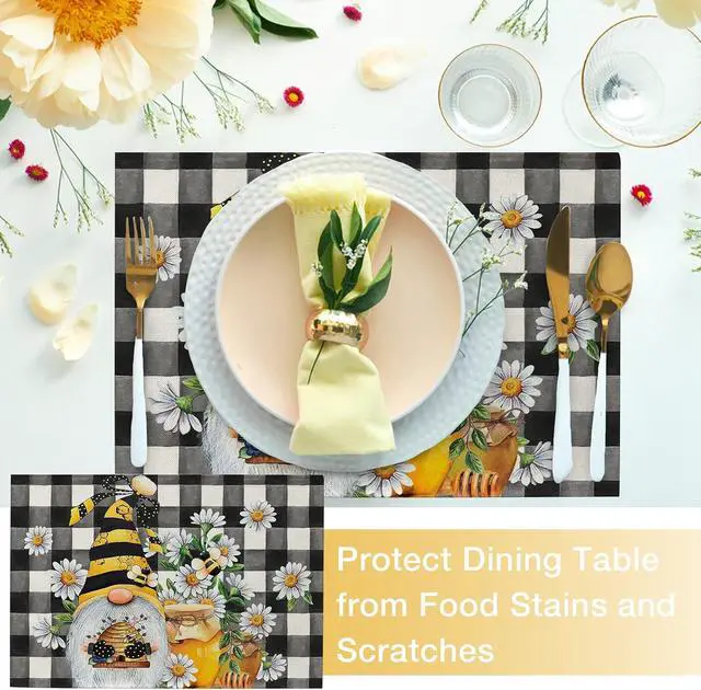 Alt view image 5 of 7 - Seliem Spring Bee Gnome Daisy Placemats Set of 4 | Honey Black White Buffalo Check Plaid Dining Table Place Mats, Summer Seasonal Farmhouse Kitchen Decor Home Decoration