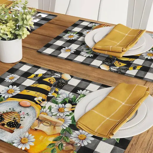 Alt view image 6 of 7 - Seliem Spring Bee Gnome Daisy Placemats Set of 4 | Honey Black White Buffalo Check Plaid Dining Table Place Mats, Summer Seasonal Farmhouse Kitchen Decor Home Decoration