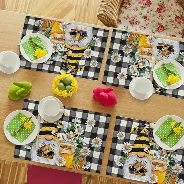 Alt view image 7 of 7 - Seliem Spring Bee Gnome Daisy Placemats Set of 4 | Honey Black White Buffalo Check Plaid Dining Table Place Mats, Summer Seasonal Farmhouse Kitchen Decor Home Decoration