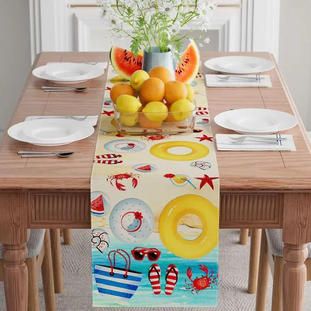 Alt view image 2 of 6 - XCHI Summer Beach Swim Ring Table Runner for Table Decoration 13x72 Inch | Ring Flip Flops Seaside Themed Stylish Home Decor for Party Farmhouse Kitchen Dining Dinner Holiday