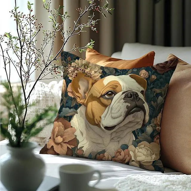 Alt view image 6 of 6 - William Morris Inspired French Bulldog Decor Pillow Covers 18x18,Dark Cottagecore Dog Decor,Rustic Botanical French Bulldog Dog Animal Decorative Throw Pillow Covers for Home Bedroom Living Room