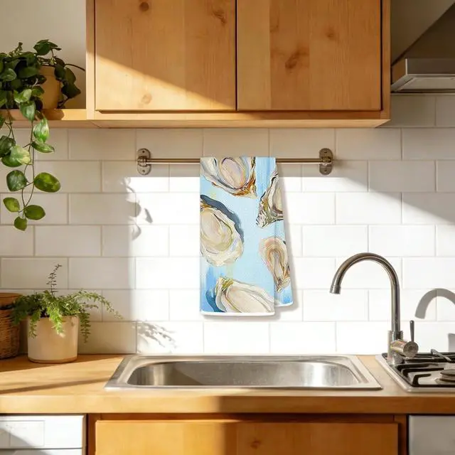 Alt view image 2 of 7 - Blue Oyster Shell Coastal Kitchen Towels 16x24 in, Gifts for Beach Ocean Lovers, Nautical Sea Oyster Decorative Hand Tea Dish Towels for Bathroom Kitchen