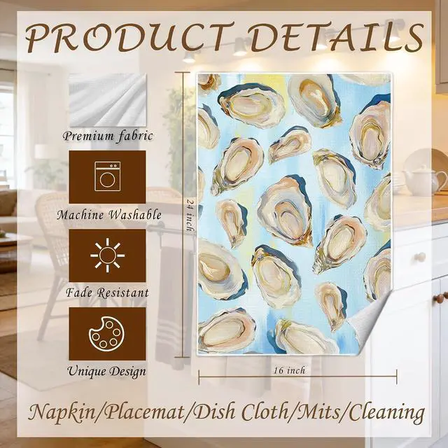 Alt view image 7 of 7 - Blue Oyster Shell Coastal Kitchen Towels 16x24 in, Gifts for Beach Ocean Lovers, Nautical Sea Oyster Decorative Hand Tea Dish Towels for Bathroom Kitchen