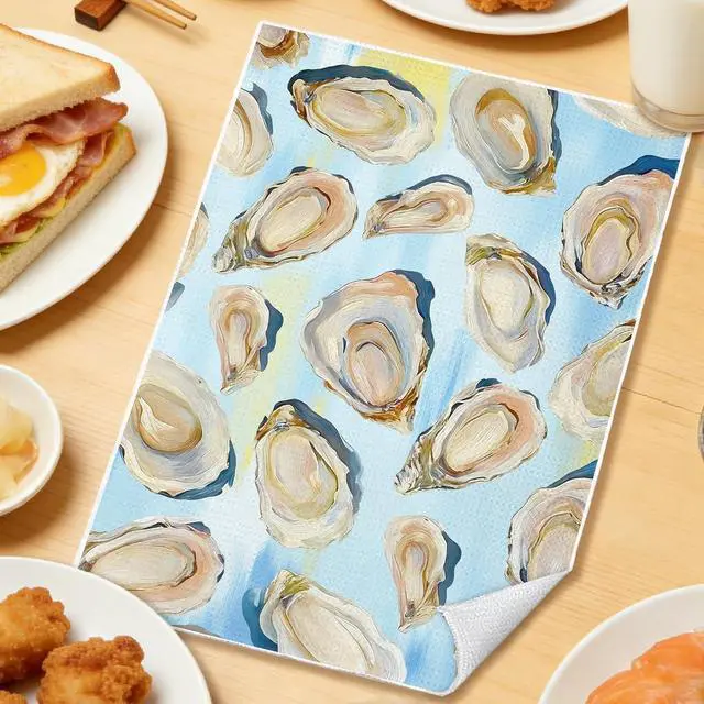 Alt view image 4 of 7 - Blue Oyster Shell Coastal Kitchen Towels 16x24 in, Gifts for Beach Ocean Lovers, Nautical Sea Oyster Decorative Hand Tea Dish Towels for Bathroom Kitchen