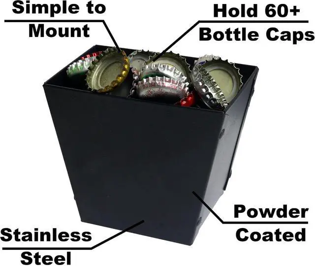 Alt view image 2 of 6 - Stainless Steel Beer Bottle Cap Catcher Wall Mounted with Drain Hole | Black Soda Top Bucket, Powder Coated, Mountable with Screws for Post Table Cooler