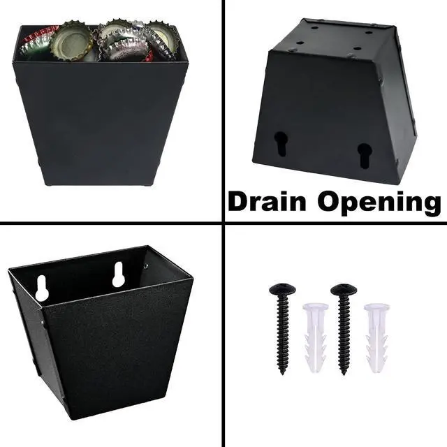 Alt view image 5 of 6 - Stainless Steel Beer Bottle Cap Catcher Wall Mounted with Drain Hole | Black Soda Top Bucket, Powder Coated, Mountable with Screws for Post Table Cooler