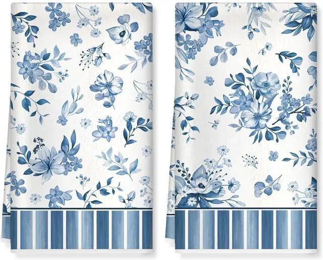Main image of Blue Floral Kitchen Towels, Cotton Blend, Watercolor, Set of 2 | 16.5 x 27.5 in / 42 x 70 cm, Absorbent Dish Cloth and Hand Towel with Blue Floral Print for Kitchen Decor, Housewarming Gift