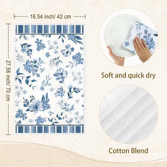 Alt view image 3 of 7 - Blue Floral Kitchen Towels, Cotton Blend, Watercolor, Set of 2 | 16.5 x 27.5 in / 42 x 70 cm, Absorbent Dish Cloth and Hand Towel with Blue Floral Print for Kitchen Decor, Housewarming Gift