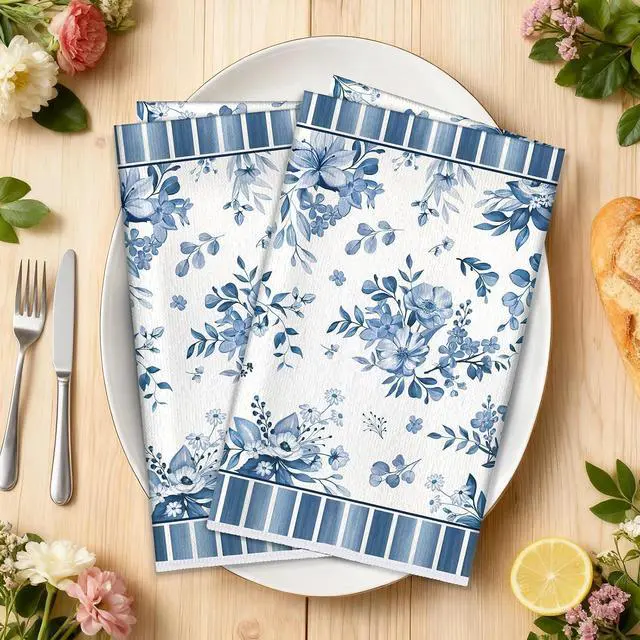 Alt view image 4 of 7 - Blue Floral Kitchen Towels, Cotton Blend, Watercolor, Set of 2 | 16.5 x 27.5 in / 42 x 70 cm, Absorbent Dish Cloth and Hand Towel with Blue Floral Print for Kitchen Decor, Housewarming Gift