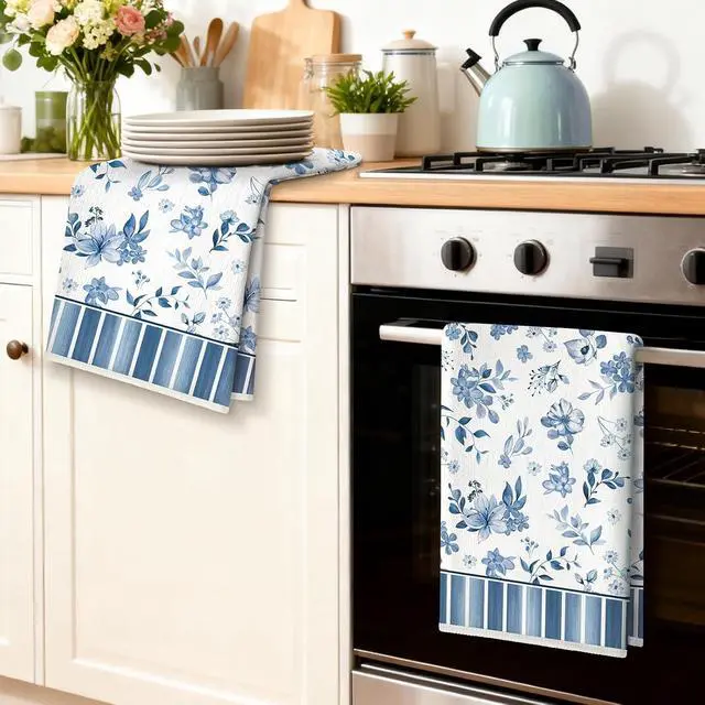 Alt view image 2 of 7 - Blue Floral Kitchen Towels, Cotton Blend, Watercolor, Set of 2 | 16.5 x 27.5 in / 42 x 70 cm, Absorbent Dish Cloth and Hand Towel with Blue Floral Print for Kitchen Decor, Housewarming Gift