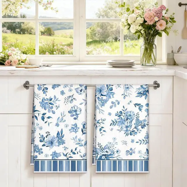 Alt view image 5 of 7 - Blue Floral Kitchen Towels, Cotton Blend, Watercolor, Set of 2 | 16.5 x 27.5 in / 42 x 70 cm, Absorbent Dish Cloth and Hand Towel with Blue Floral Print for Kitchen Decor, Housewarming Gift