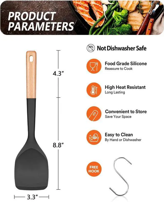 Alt view image 2 of 7 - Badiano Silicone Spatula, Non Scratch Flexible Edge for Pans,13.2 Inch | Food Grade, Comfortable Wooden Handle, Heat Resistant BPA-Free Kitchen Spatulas for Cooking