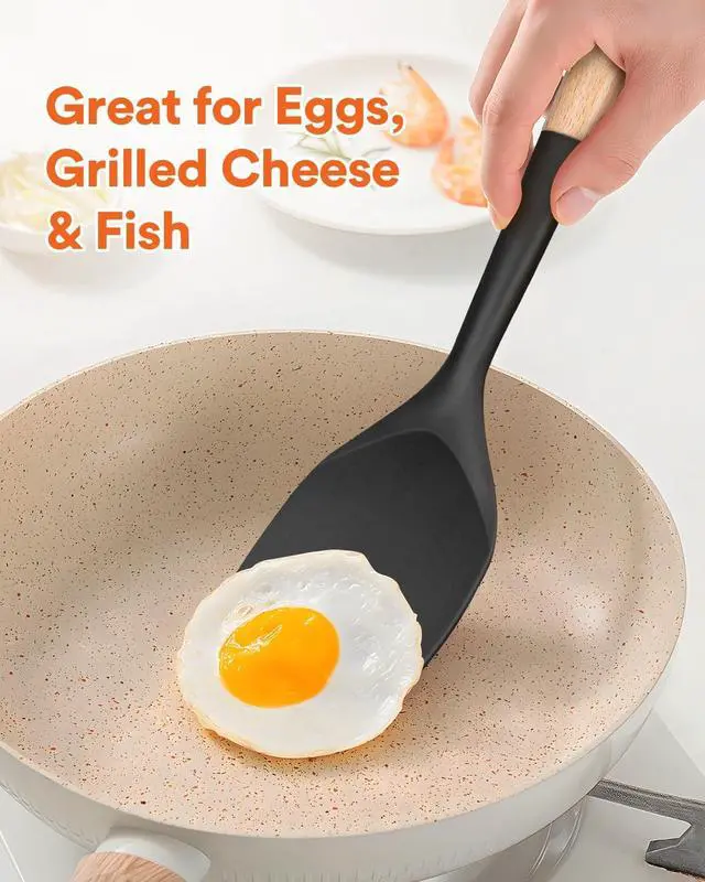 Alt view image 3 of 7 - Badiano Silicone Spatula, Non Scratch Flexible Edge for Pans,13.2 Inch | Food Grade, Comfortable Wooden Handle, Heat Resistant BPA-Free Kitchen Spatulas for Cooking