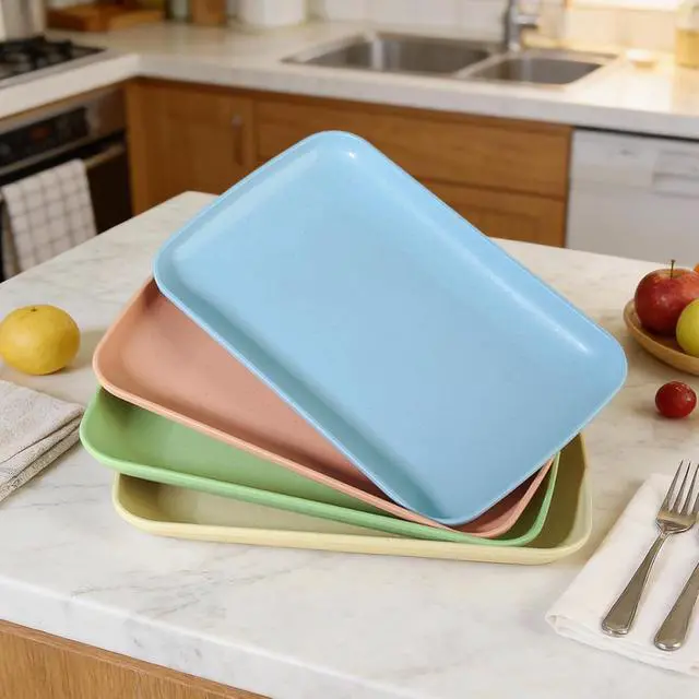 Alt view image 2 of 7 - Wheat Straw Rectangular Dinner Plates, Reusable Unbreakable Lightweight BPA Free Dishes, for Home Kitchen Camping Picnic Spring Outings (Yellow, Green, Orange, Blue, 1 Pack)