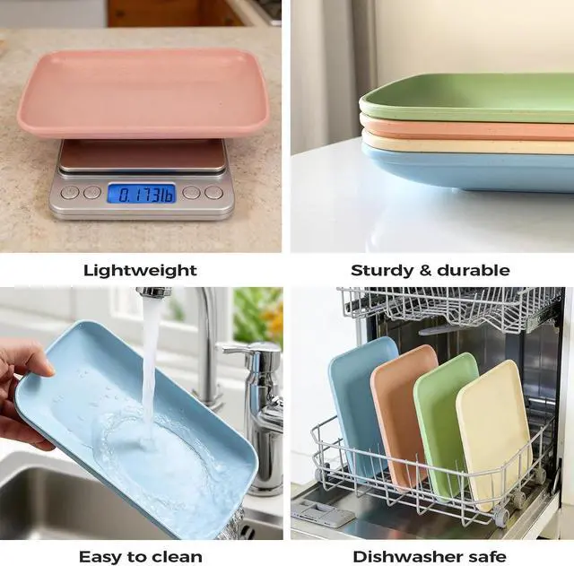 Alt view image 6 of 7 - Wheat Straw Rectangular Dinner Plates, Reusable Unbreakable Lightweight BPA Free Dishes, for Home Kitchen Camping Picnic Spring Outings (Yellow, Green, Orange, Blue, 1 Pack)