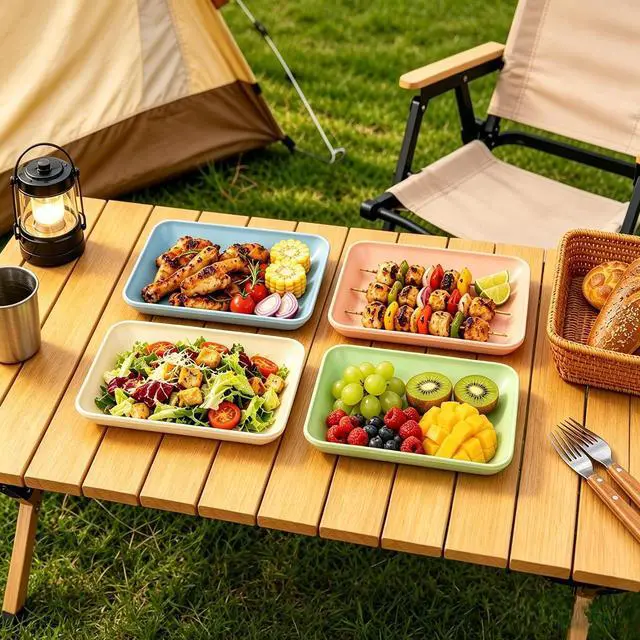 Alt view image 7 of 7 - Wheat Straw Rectangular Dinner Plates, Reusable Unbreakable Lightweight BPA Free Dishes, for Home Kitchen Camping Picnic Spring Outings (Yellow, Green, Orange, Blue, 1 Pack)