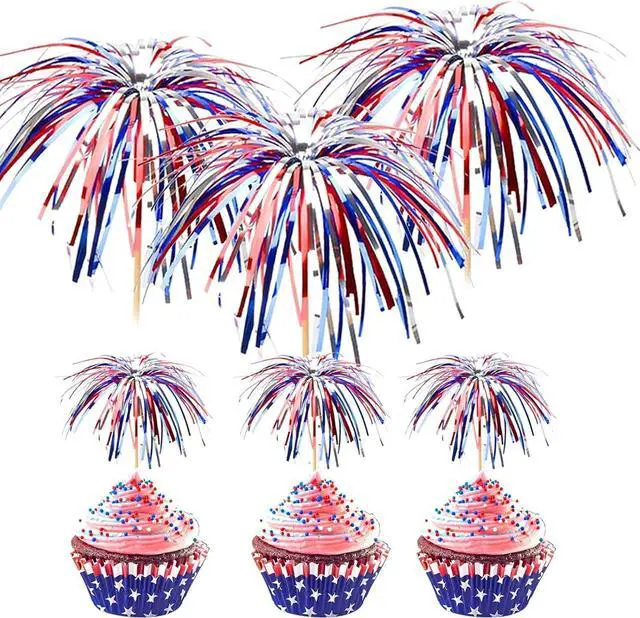 Main image of 100 Pack 4th of July Cocktail Picks,6inch Patriotic Fireworks Toothpicks for Appetizers,Red White Blue Bamboo Skewers Foil Cupcake Toppers Drink Sticks for Independence Day Party Decorations