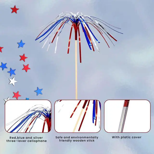 Alt view image 3 of 7 - 100 Pack 4th of July Cocktail Picks,6inch Patriotic Fireworks Toothpicks for Appetizers,Red White Blue Bamboo Skewers Foil Cupcake Toppers Drink Sticks for Independence Day Party Decorations