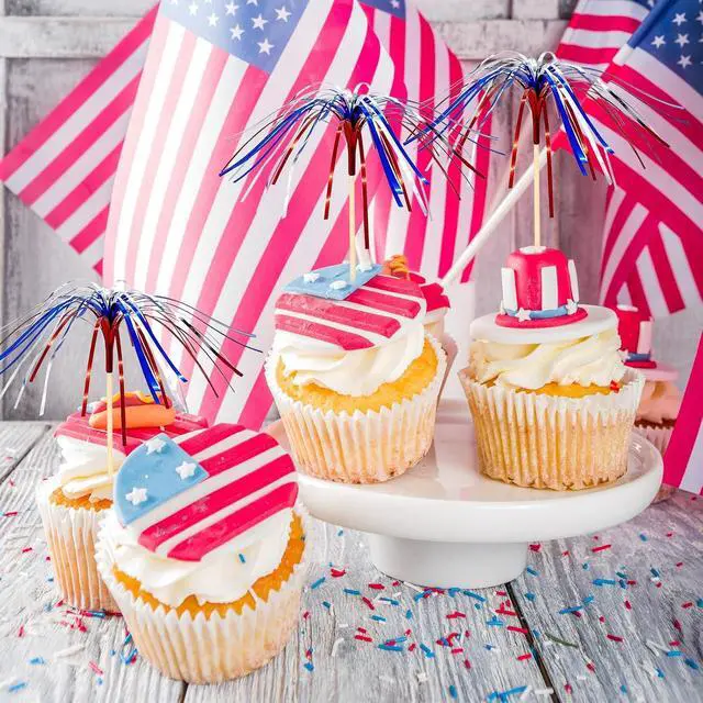 Alt view image 4 of 7 - 100 Pack 4th of July Cocktail Picks,6inch Patriotic Fireworks Toothpicks for Appetizers,Red White Blue Bamboo Skewers Foil Cupcake Toppers Drink Sticks for Independence Day Party Decorations