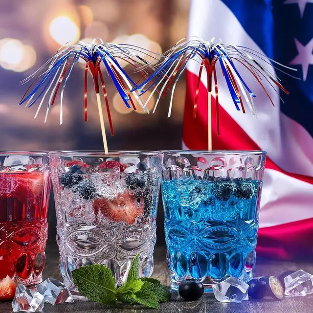 Alt view image 5 of 7 - 100 Pack 4th of July Cocktail Picks,6inch Patriotic Fireworks Toothpicks for Appetizers,Red White Blue Bamboo Skewers Foil Cupcake Toppers Drink Sticks for Independence Day Party Decorations