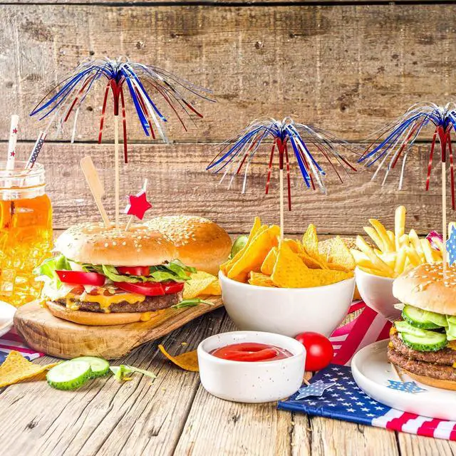 Alt view image 7 of 7 - 100 Pack 4th of July Cocktail Picks,6inch Patriotic Fireworks Toothpicks for Appetizers,Red White Blue Bamboo Skewers Foil Cupcake Toppers Drink Sticks for Independence Day Party Decorations