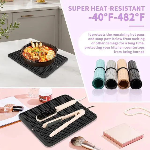 Alt view image 4 of 6 - Oversize Silicone Heat Resistant Mat, Heat Mat with for Curling Iron, Travel Cover Cushion for Curling Irons, Hair Bands and Styling Tools(15.7" X 11.8") (Black)