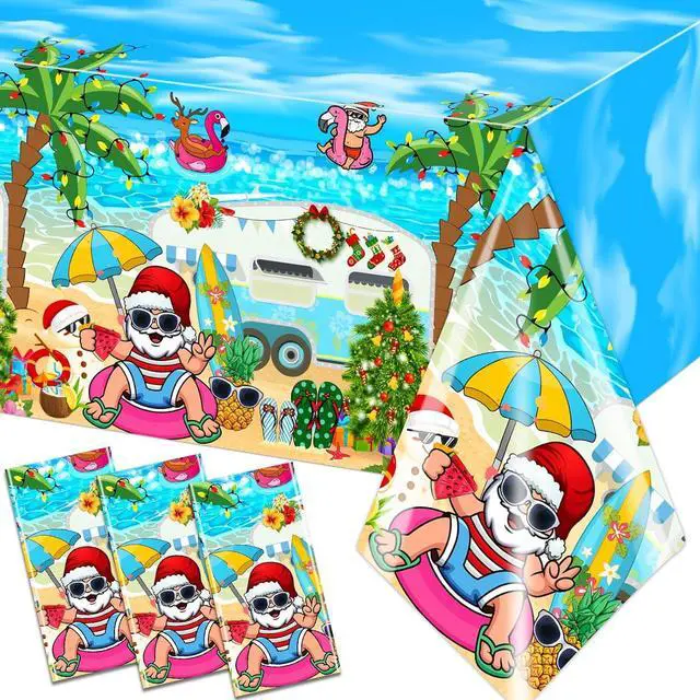 Main image of 3Pcs Summer Christmas Tablecloths Decorations - Summer Beach Hawaiian Santa Table Covers for Pool Hawaii Mele Kalikimaka Tropical Christmas Luau Party Decorations