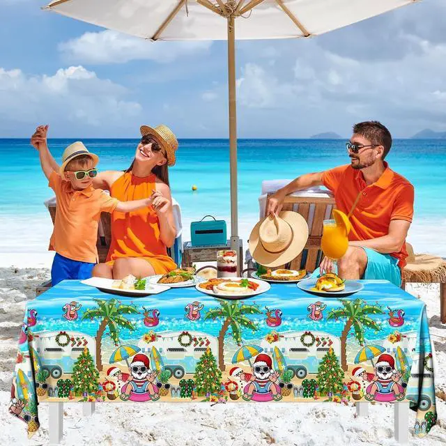 Alt view image 2 of 6 - 3Pcs Summer Christmas Tablecloths Decorations - Summer Beach Hawaiian Santa Table Covers for Pool Hawaii Mele Kalikimaka Tropical Christmas Luau Party Decorations