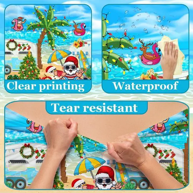 Alt view image 4 of 6 - 3Pcs Summer Christmas Tablecloths Decorations - Summer Beach Hawaiian Santa Table Covers for Pool Hawaii Mele Kalikimaka Tropical Christmas Luau Party Decorations