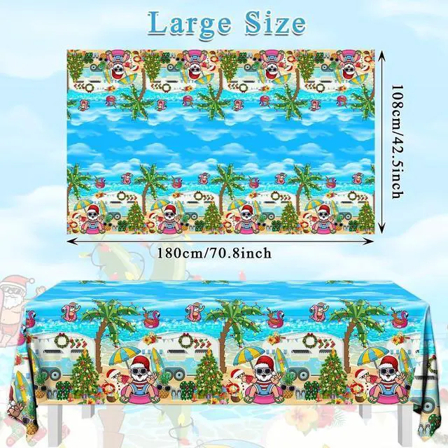 Alt view image 5 of 6 - 3Pcs Summer Christmas Tablecloths Decorations - Summer Beach Hawaiian Santa Table Covers for Pool Hawaii Mele Kalikimaka Tropical Christmas Luau Party Decorations
