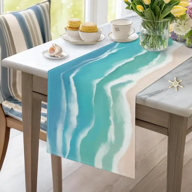 Alt view image 3 of 6 - Bonhause Coastal Beach Table Runner 13x72 Inch Teal Blue Summer Ocean Kitchen Dinning Table Decoration for Indoor Outdoor Home Party Decor