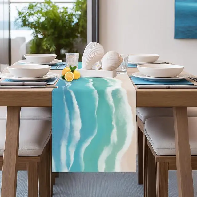 Alt view image 2 of 6 - Bonhause Coastal Beach Table Runner 13x72 Inch Teal Blue Summer Ocean Kitchen Dinning Table Decoration for Indoor Outdoor Home Party Decor