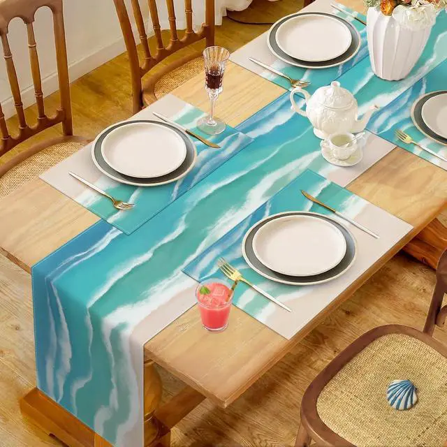 Alt view image 5 of 6 - Bonhause Coastal Beach Table Runner 13x72 Inch Teal Blue Summer Ocean Kitchen Dinning Table Decoration for Indoor Outdoor Home Party Decor