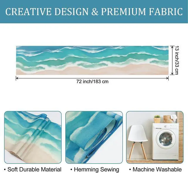 Alt view image 6 of 6 - Bonhause Coastal Beach Table Runner 13x72 Inch Teal Blue Summer Ocean Kitchen Dinning Table Decoration for Indoor Outdoor Home Party Decor