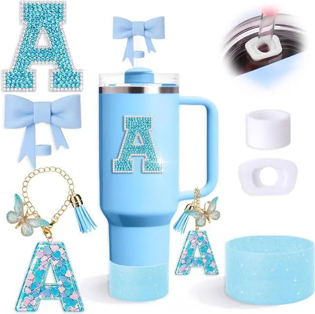 Main image of 6PCS Blue Stanley Cup Accessories Set for Stanley Cup 30oz 40oz | Include Bow Straw Topper, Handle Charm, Spill Proof Stopper, Letter Sticker, Silicone Boot, Anti-Slip & Scratch Resistant(A)