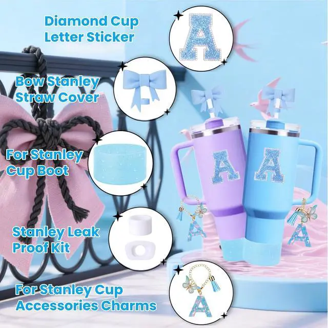 Alt view image 3 of 6 - 6PCS Blue Stanley Cup Accessories Set for Stanley Cup 30oz 40oz | Include Bow Straw Topper, Handle Charm, Spill Proof Stopper, Letter Sticker, Silicone Boot, Anti-Slip & Scratch Resistant(A)