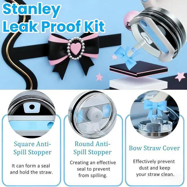 Alt view image 4 of 6 - 6PCS Blue Stanley Cup Accessories Set for Stanley Cup 30oz 40oz | Include Bow Straw Topper, Handle Charm, Spill Proof Stopper, Letter Sticker, Silicone Boot, Anti-Slip & Scratch Resistant(A)