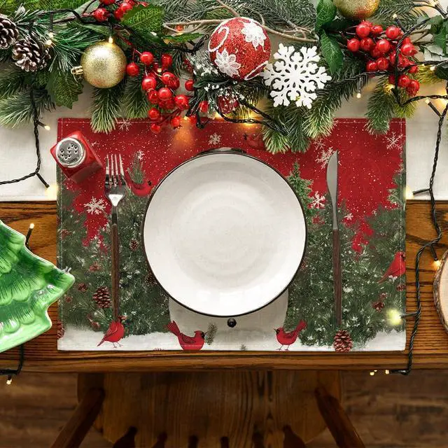 Alt view image 2 of 7 - Artoid Mode Snowman Cardinals Trees Christmas Placemats for Dining Table, 12 x 18 Inch Seasonal Winter Birds Xmas Holiday Rustic Vintage Thanksgiving Washable Table Mats Set of 4