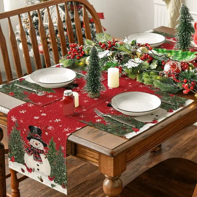 Alt view image 5 of 7 - Artoid Mode Snowman Cardinals Trees Christmas Placemats for Dining Table, 12 x 18 Inch Seasonal Winter Birds Xmas Holiday Rustic Vintage Thanksgiving Washable Table Mats Set of 4