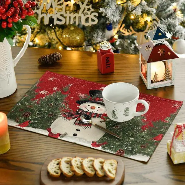 Alt view image 3 of 7 - Artoid Mode Snowman Cardinals Trees Christmas Placemats for Dining Table, 12 x 18 Inch Seasonal Winter Birds Xmas Holiday Rustic Vintage Thanksgiving Washable Table Mats Set of 4