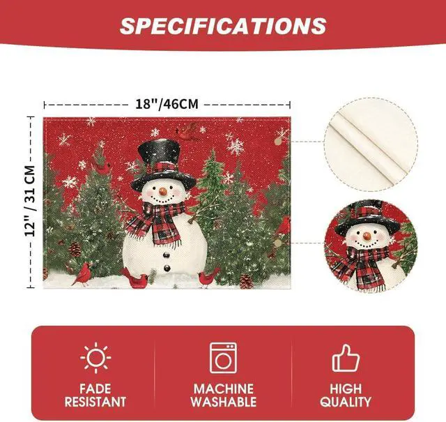 Alt view image 6 of 7 - Artoid Mode Snowman Cardinals Trees Christmas Placemats for Dining Table, 12 x 18 Inch Seasonal Winter Birds Xmas Holiday Rustic Vintage Thanksgiving Washable Table Mats Set of 4