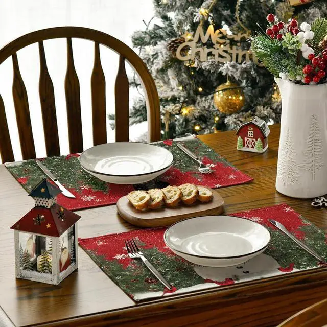 Alt view image 4 of 7 - Artoid Mode Snowman Cardinals Trees Christmas Placemats for Dining Table, 12 x 18 Inch Seasonal Winter Birds Xmas Holiday Rustic Vintage Thanksgiving Washable Table Mats Set of 4