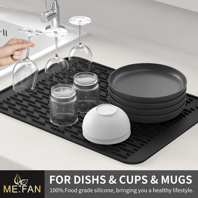 Alt view image 3 of 7 - ME.FAN Silicone Dish Drying Mat for Kitchen Counter, Dish Drying Pad for Sink, Refrigerator or Drawer, Countertop Protection Pad S - 12'' x 8'' - Black